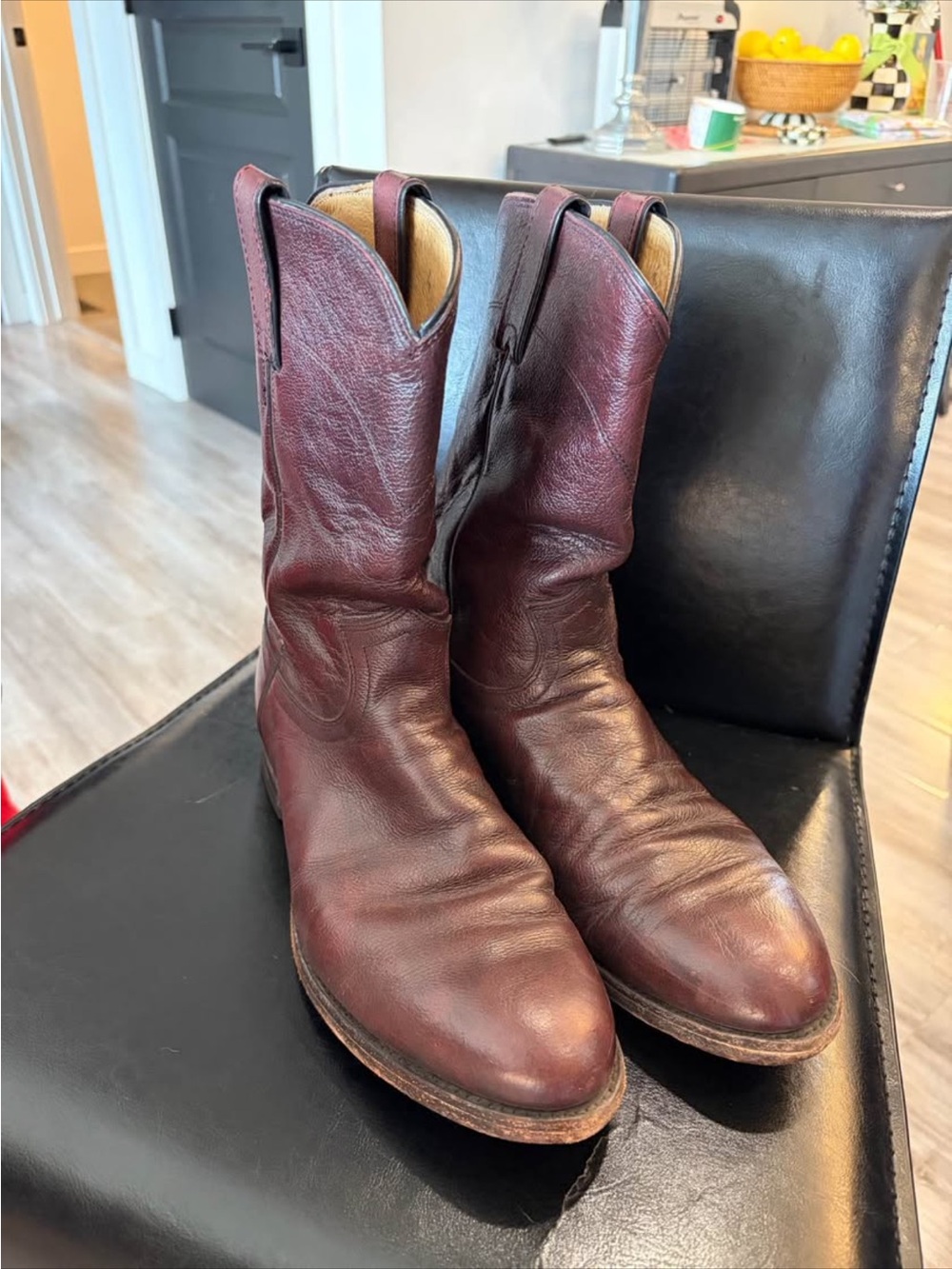 Size 8.5 EE Justin Cowboy Roper Boots Style 3435 Leather Western Boots Burgundy